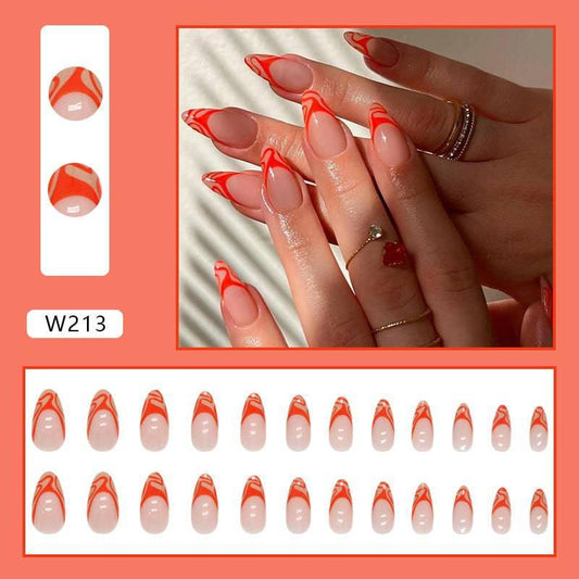 Elegant Orange Red French Tip Press-On Nails, Long Stiletto Shape, 24 Piece Set Wearing - Passion Pulse Adult