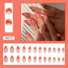 Elegant Orange Red French Tip Press-On Nails, Long Stiletto Shape, 24 Piece Set Wearing - Passion Pulse Adult