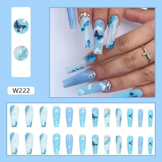 Enchanting Blue Butterfly Press-On Nails Wearing- 24 Pieces with Glitter Accents for a Magical Touch - Passion Pulse Adult