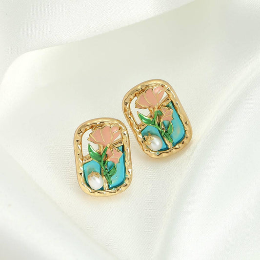 Forest Style Oil Painting Frame Flower Earrings - Passion Pulse Adult