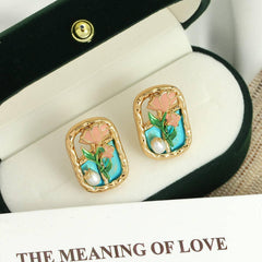 Forest Style Oil Painting Frame Flower Earrings - Passion Pulse Adult