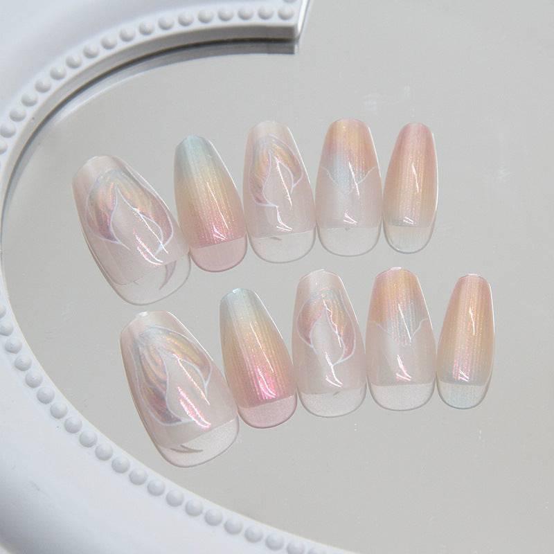 French Manicure Style with Holographic Shine Wearing Press-On Nail Set - Passion Pulse Adult