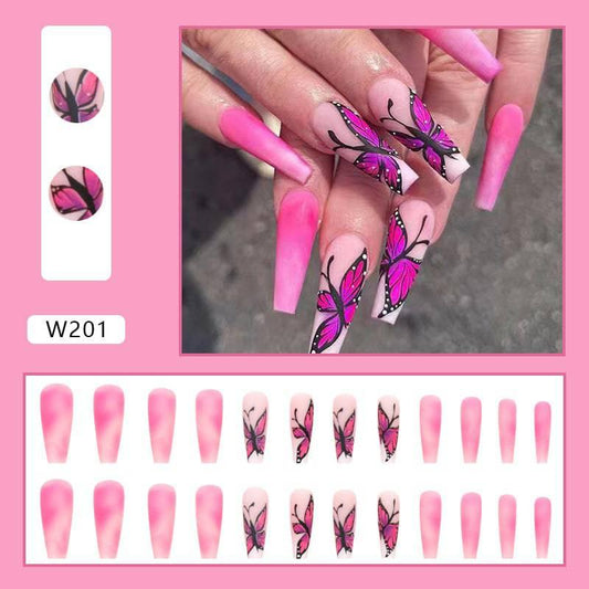 Luxurious Pink Butterfly Wing Design Long Stiletto Press-on Nails Wearing - Passion Pulse Adult