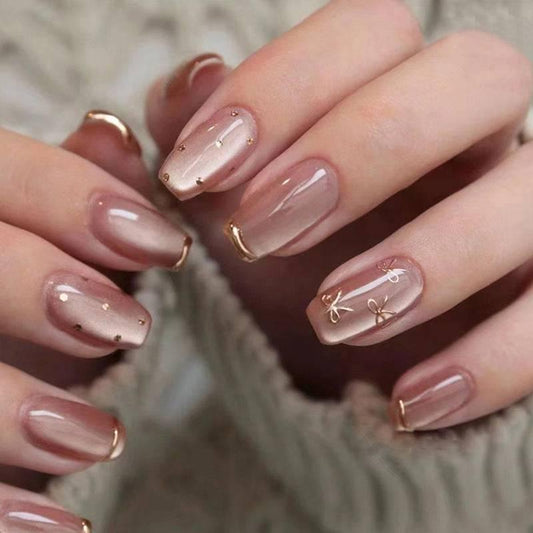 Nude Press-On Nails with Gold Marble Design Wearing - 24 Piece Set for a Sophisticated Look - Passion Pulse Adult