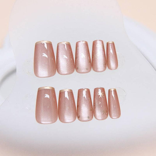 Nude Press-On Nails with Gold Marble Design Wearing - 24 Piece Set for a Sophisticated Look - Passion Pulse Adult