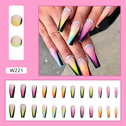 Rainbow Gradient with Rhinestone Accents, Full Set of Artificial Nail Tips Wearing Press-On Nail Set - Passion Pulse Adult