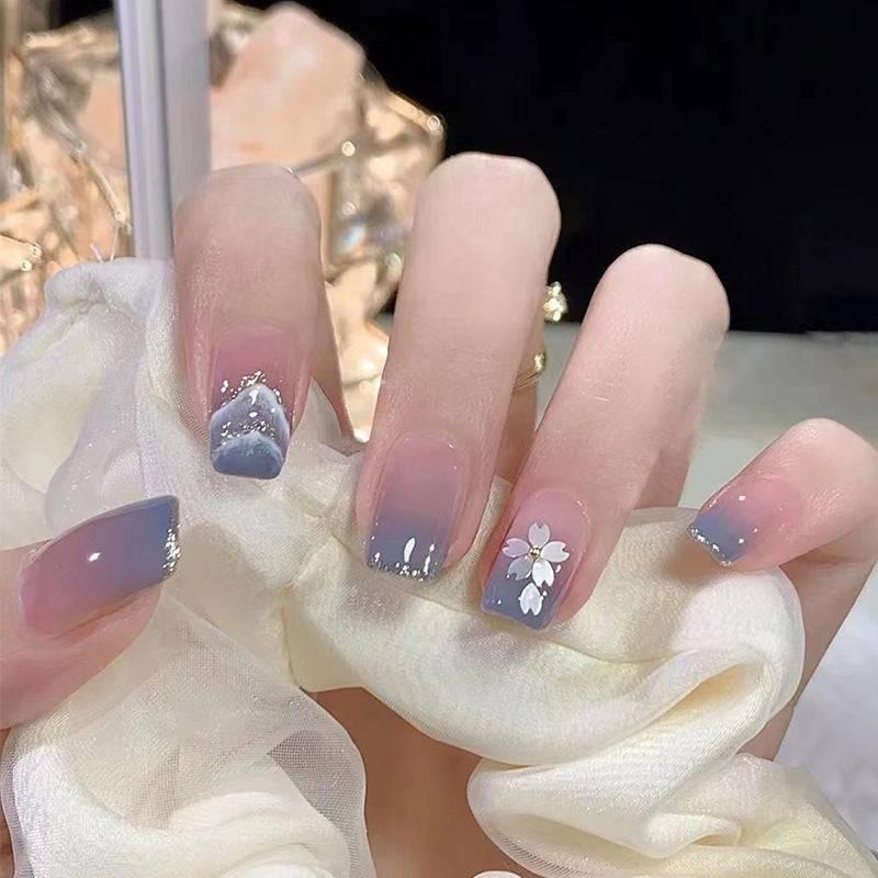 Short and thin new nail tips blue gradient smudged shiny fragments nail tips - Passion Pulse Adult