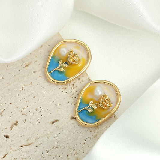 Vintage Enamel Flower Earrings with Oil Painting Effect - Passion Pulse Adult