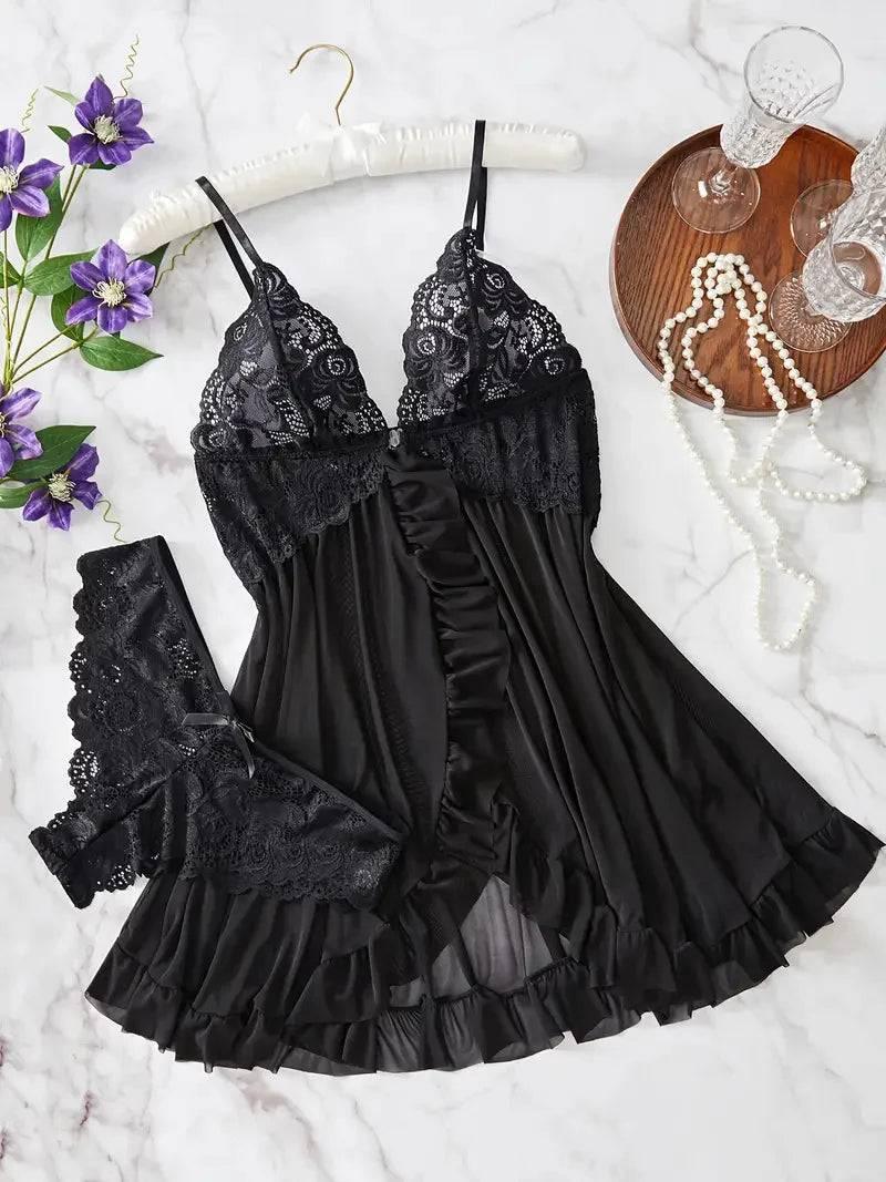 Romantic Lace Ruffle Lingerie Set - Deep V Slip Dress with Matching Thong - Passion Pulse Adult