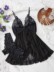 Romantic Lace Ruffle Lingerie Set - Deep V Slip Dress with Matching Thong - Passion Pulse Adult