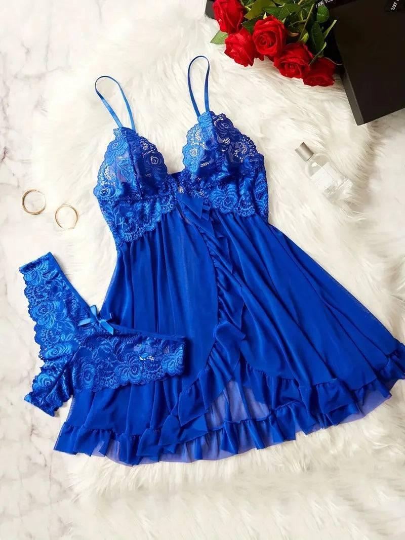Romantic Lace Ruffle Lingerie Set - Deep V Slip Dress with Matching Thong - Passion Pulse Adult