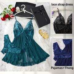 Romantic Lace Ruffle Lingerie Set - Deep V Slip Dress with Matching Thong - Passion Pulse Adult