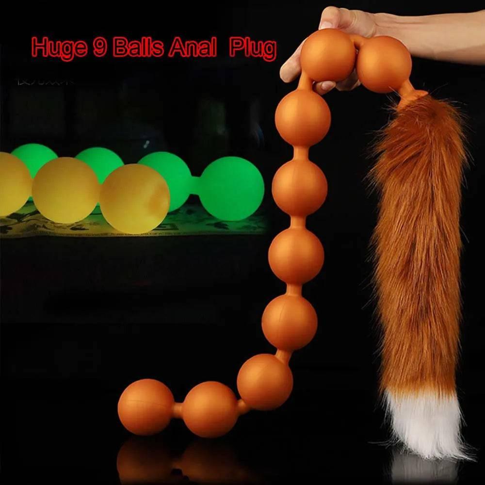 Butt Plug with Tail BDSM Adult Sex Wild Tail Teaser - 9-Ball Silicone Pleasure Toy - Passion Pulse Adult