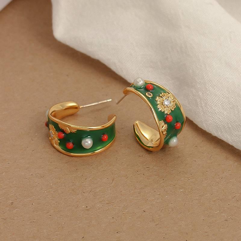 Smoke Green Enamel Earrings adorned with freshwater pearl flowers and silver needle studs - Passion Pulse Adult