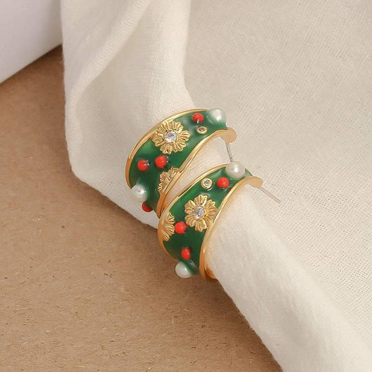 Smoke Green Enamel Earrings adorned with freshwater pearl flowers and silver needle studs - Passion Pulse Adult