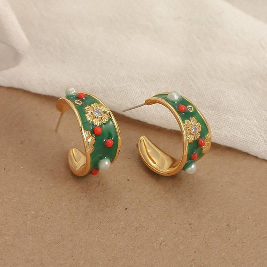 Smoke Green Enamel Earrings adorned with freshwater pearl flowers and silver needle studs - Passion Pulse Adult