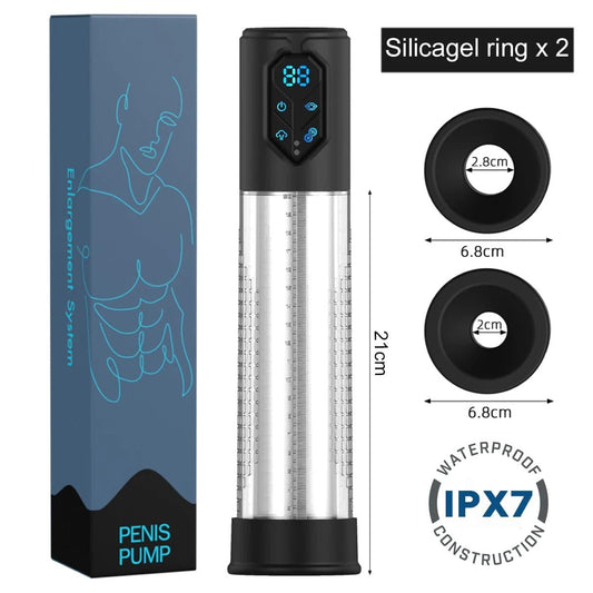IPX7 Waterproof Electric Penis Pump for Enlargement: Man Vacuum Pump with 4 Suction Levels, 2 Silicone Sleeves - Passion Pulse Adult