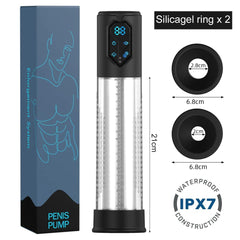 IPX7 Waterproof Electric Penis Pump for Enlargement: Man Vacuum Pump with 4 Suction Levels, 2 Silicone Sleeves - Passion Pulse Adult