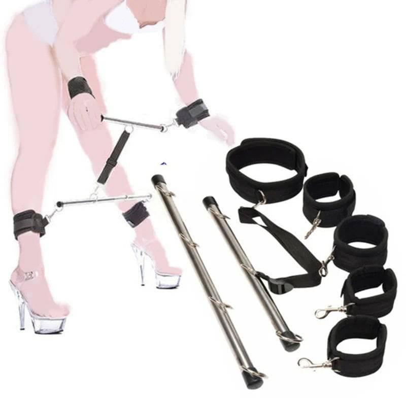 Adjustable Steel Leg Spreader Bar with Ankle and Wrist Cuffs | Neck Collar Bondage Restraint Set for SM Roleplay and Erotic Fantasy - Passion Pulse Adult