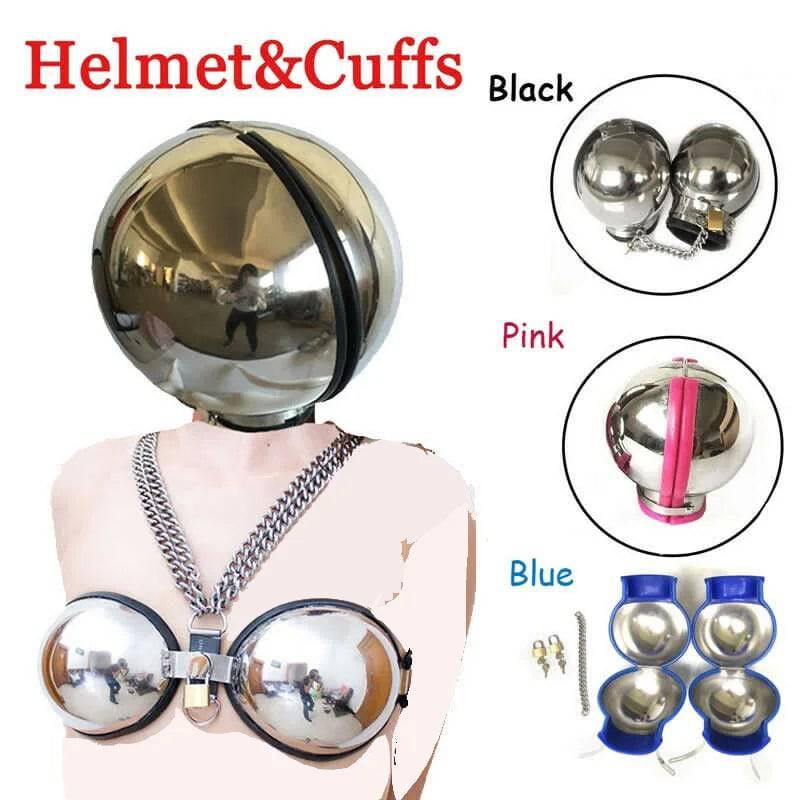 Stainless Steel Bondage Ball Helmet Restraint | Lockable Hood with Handcuffs & Chains | BDSM Slave Hood for Men & Women - Passion Pulse Adult