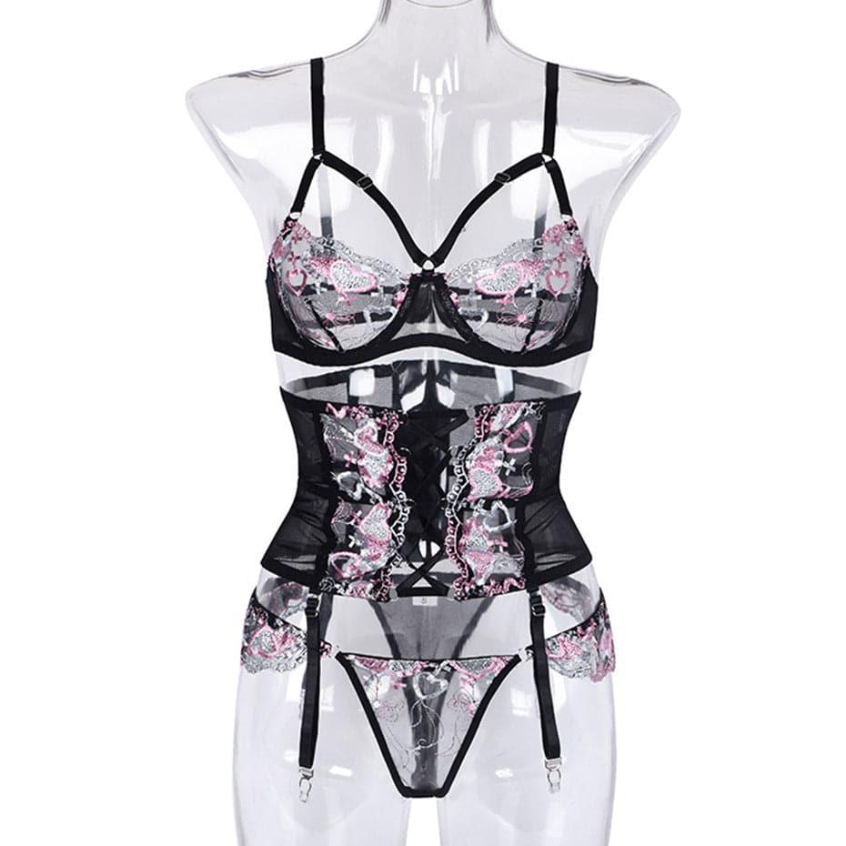 Heart Embroidery Mesh Lingerie Set - Passion Pulse Adult