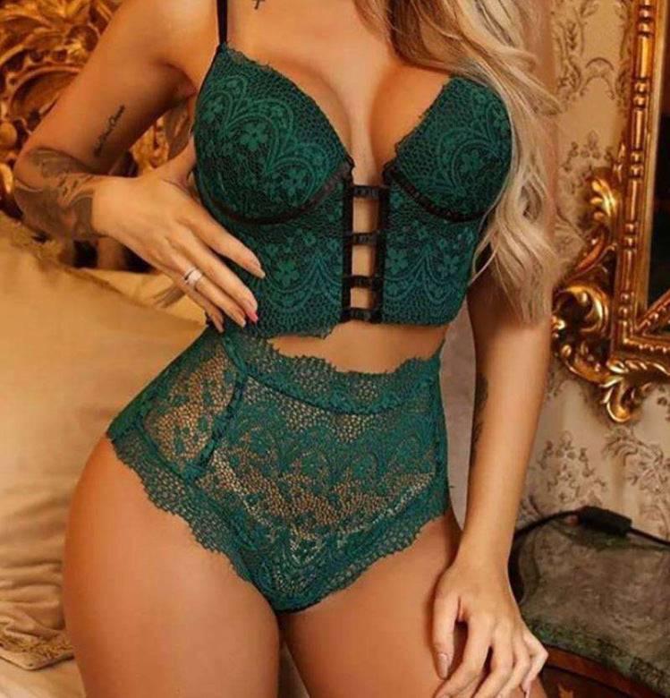 Green & Burgundy Lace Lingerie Set - Passion Pulse Adult