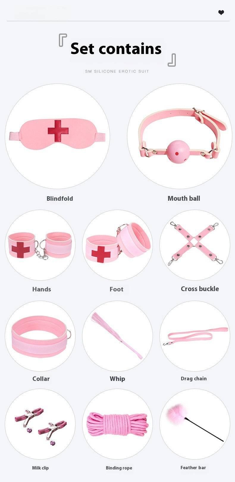 SM 11-Piece Set: Rope, Handcuffs, Nipple Clamps, Ball Gag - Passion Pulse Adult